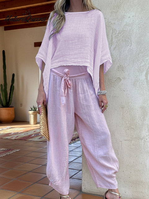 Women's Loose Irregular Hem Top and Trousers Linen Suit