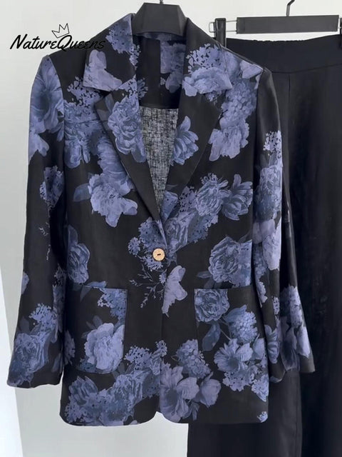 Floral-print Button-down Linen Blazer