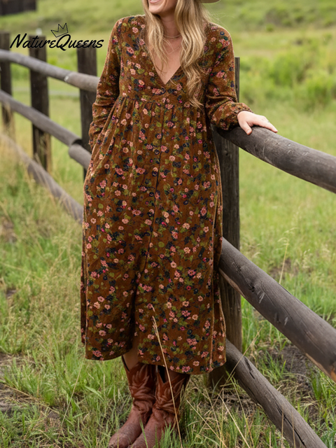 Boho Floral Patchwork Print V-neck Long-sleeved Dress