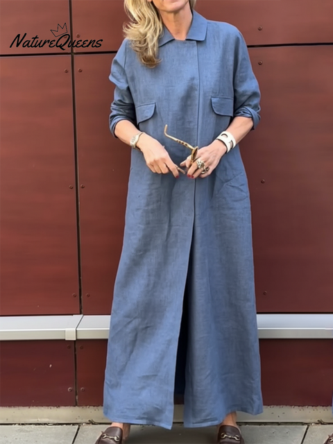 Women's Elegant Lapel Solid Color Cotton and Linen Dress