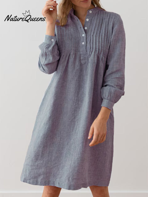 Women's Accordion Pleated Button Long Sleeve Linen Dress