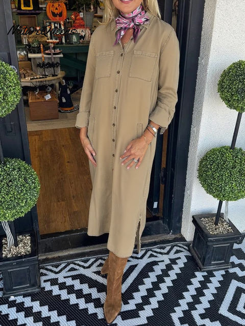 Women's Autumn Comfortable Pocket Shirt Cotton Dress