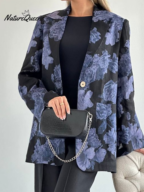 Floral-print Button-down Linen Blazer