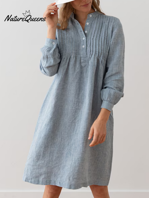 Women's Accordion Pleated Button Long Sleeve Linen Dress