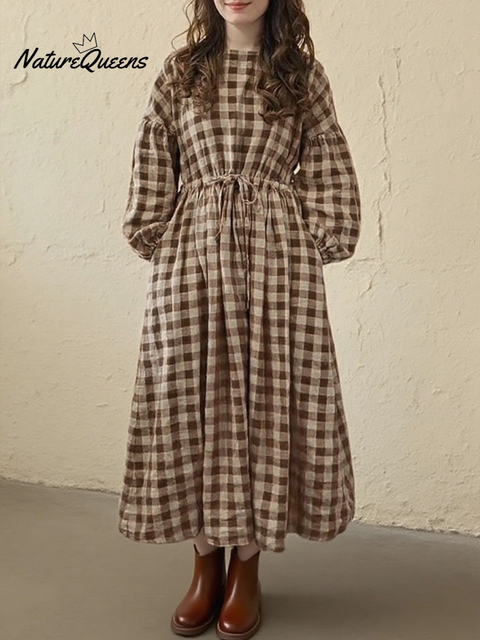 Women's Retro Loose Plaid Waist Drawstring Linen Dress