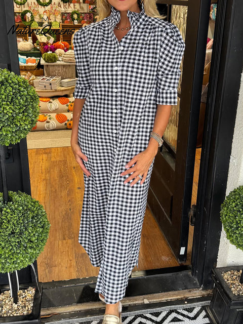 Women's Lace Stand Collar Plaid Print Cotton Dress