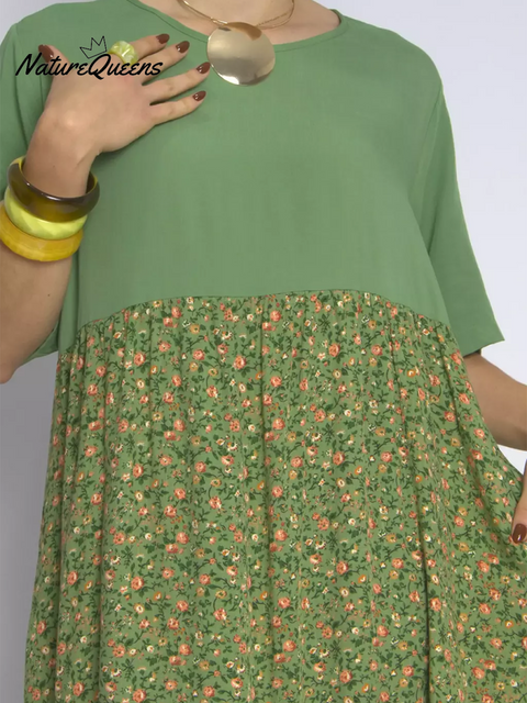 Women's Natural Floral Print Patchwork Cotton Dress