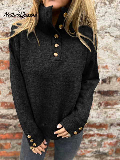 Women's Stand Collar Solid Color Button Casual Loose Sweater