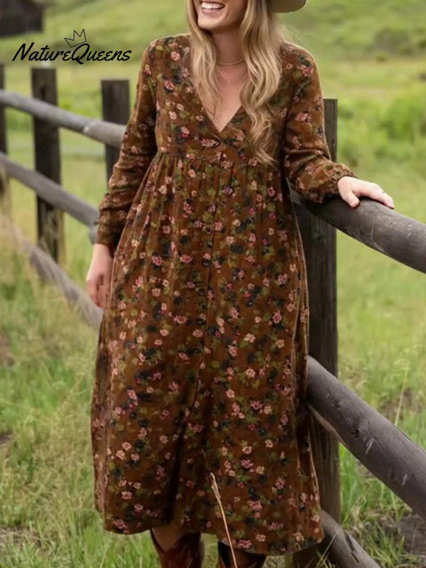 Boho Floral Patchwork Print V-neck Long-sleeved Dress