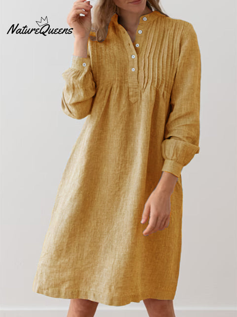 Women's Accordion Pleated Button Long Sleeve Linen Dress