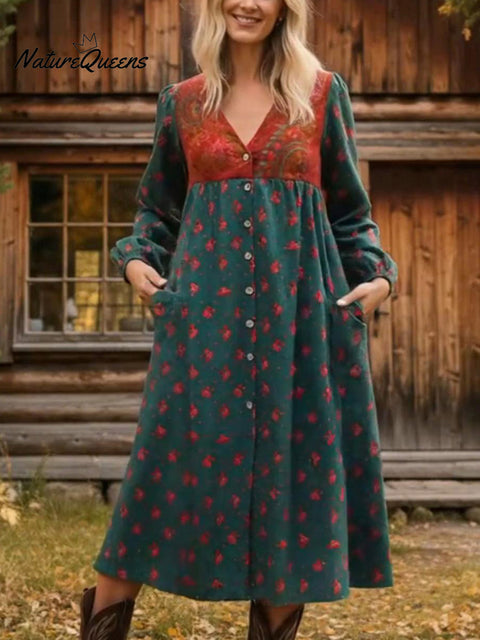 Boho Floral Patchwork Print V-neck Long-sleeved Dress