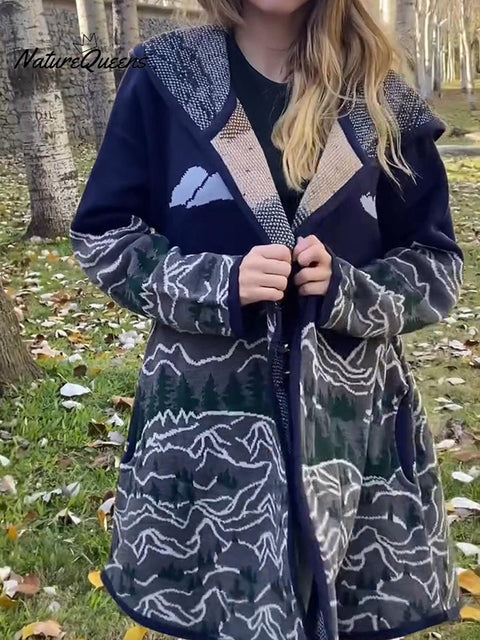 Retro Snow Mountain Totem Print Knitted Hooded Cardigan