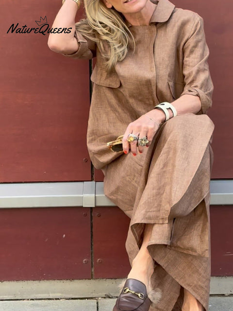 Women's Elegant Lapel Solid Color Cotton and Linen Dress