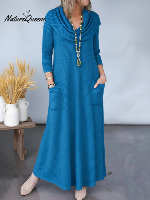 Elegant Cowl Neck Solid Color A-line Pocket Knit Maxi Dress