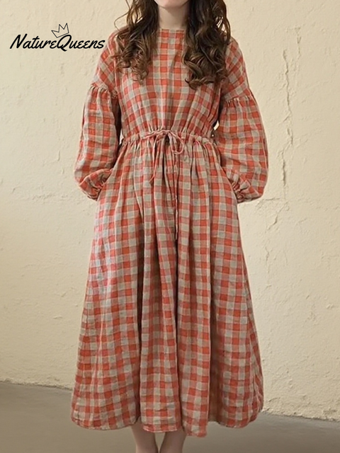 Women's Retro Loose Plaid Waist Drawstring Linen Dress
