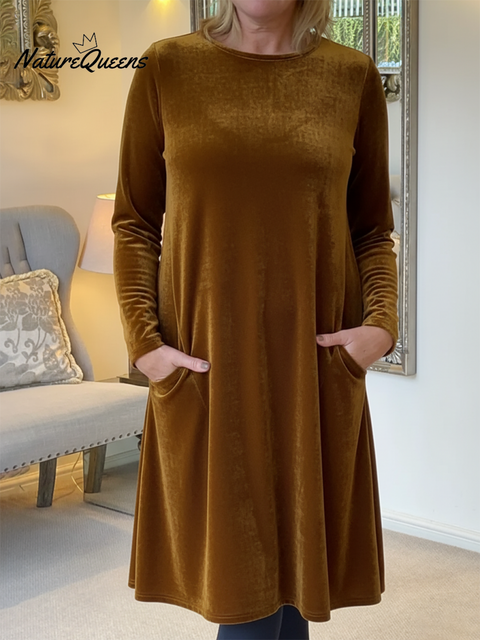 Women's Elegant Round Neck Pocket Velvet Midi Dress
