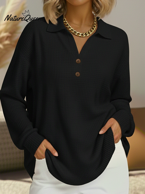 Casual Polo Neck Button Waffle Sweatshirt Top