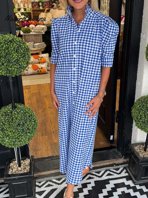 Women's Lace Stand Collar Plaid Print Cotton Dress