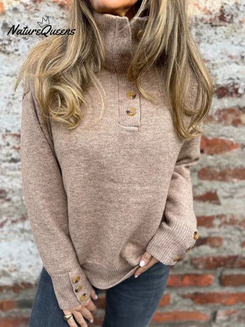 Women's Stand Collar Solid Color Button Casual Loose Sweater