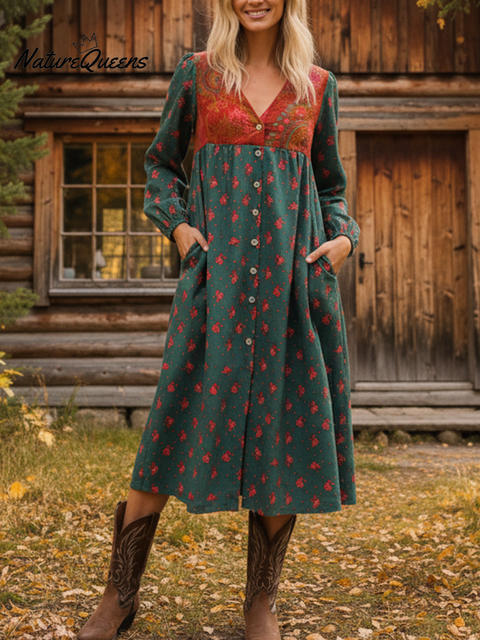 Boho Floral Patchwork Print V-neck Long-sleeved Dress