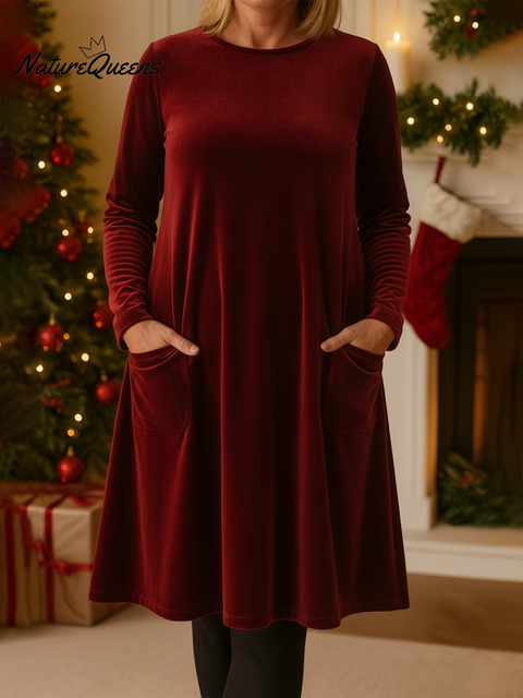 Women's Elegant Round Neck Pocket Velvet Midi Dress