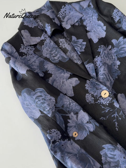 Floral-print Button-down Linen Blazer