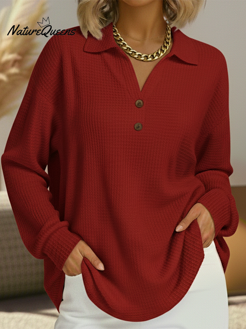 Casual Polo Neck Button Waffle Sweatshirt Top