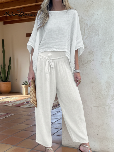 Women's Loose Irregular Hem Top and Trousers Linen Suit