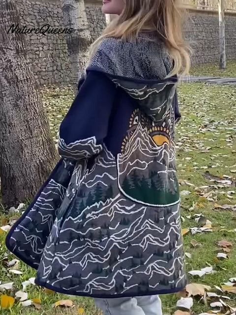 Retro Snow Mountain Totem Print Knitted Hooded Cardigan