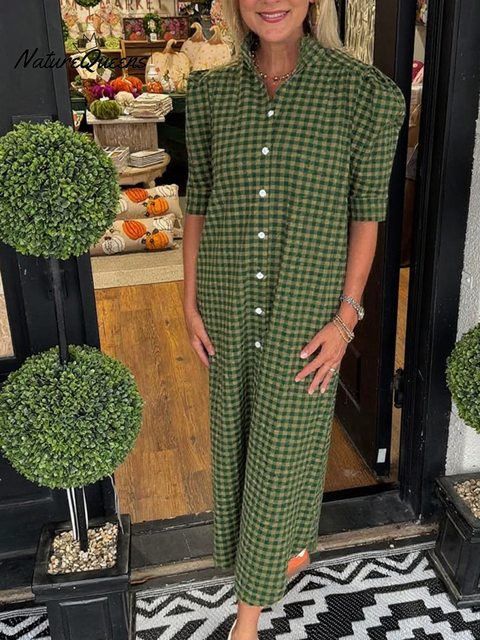 Women's Lace Stand Collar Plaid Print Cotton Dress
