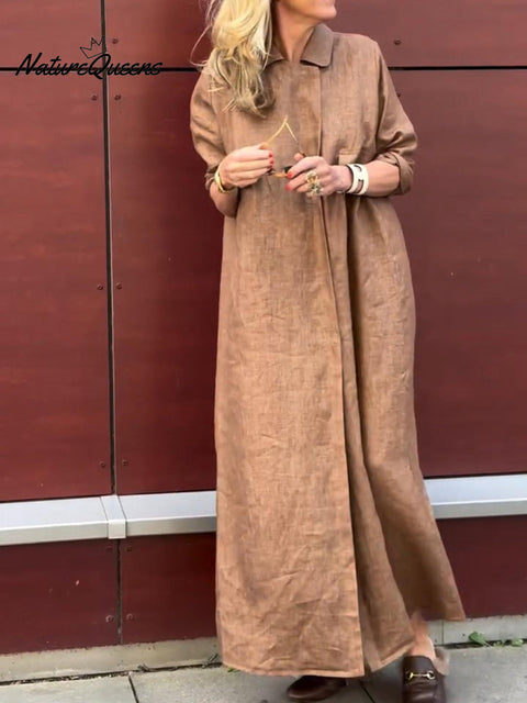 Women's Elegant Lapel Solid Color Cotton and Linen Dress