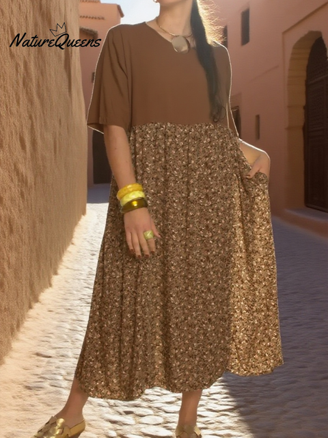 Women's Natural Floral Print Patchwork Cotton Dress