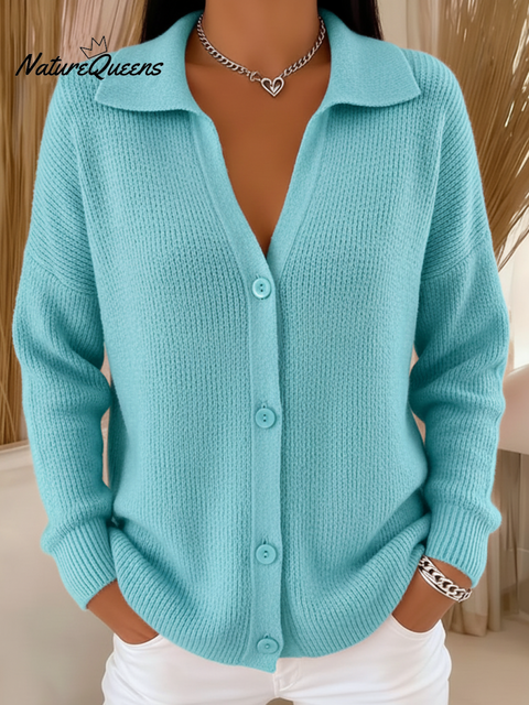 Women's Lapel V-Neck Button Cardigan Sweater