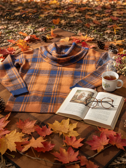 Maple Leaf Orange and Blue Plaid Cowl Neck Sweater Top