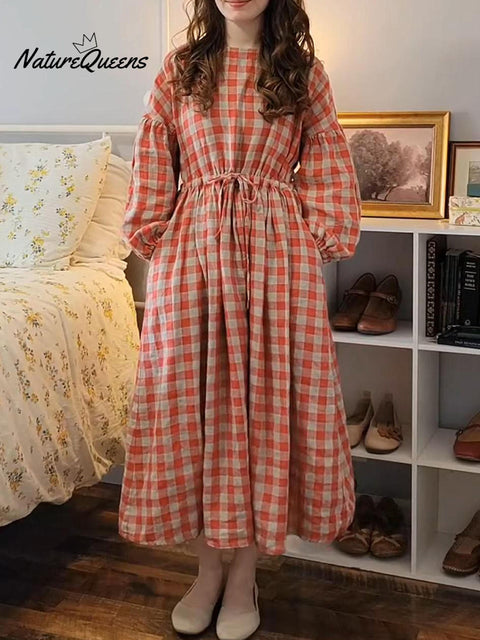 Women's Retro Loose Plaid Waist Drawstring Linen Dress