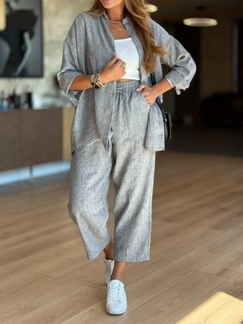 Women's Casual Shirt and Pants Cotton Two-piece Suit