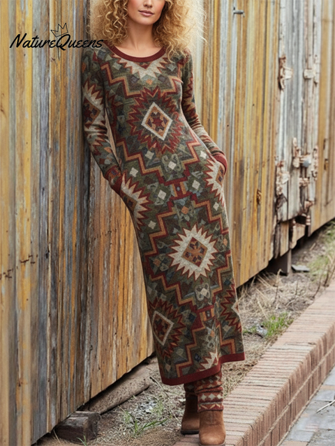 Women's Retro Contrast Color Totem Print Stretch Knit Dress