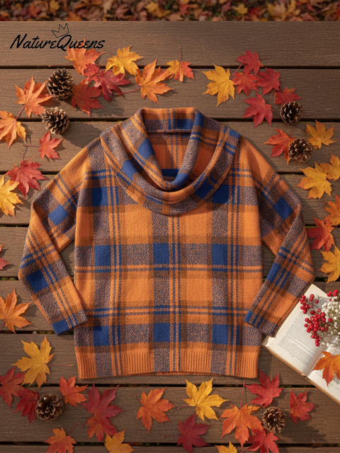 Maple Leaf Orange and Blue Plaid Cowl Neck Sweater Top