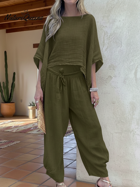 Women's Loose Irregular Hem Top and Trousers Linen Suit