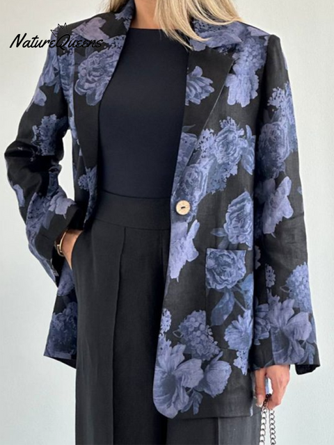 Floral-print Button-down Linen Blazer