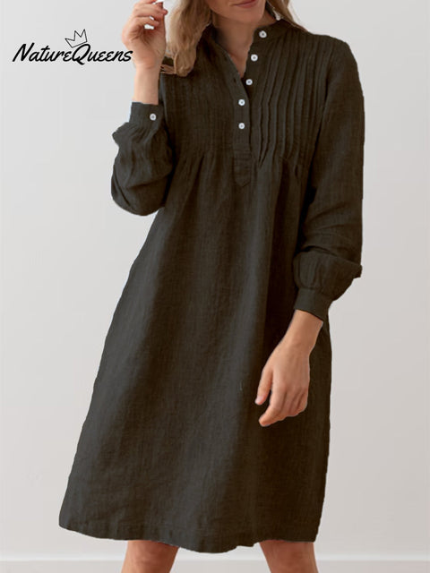 Women's Accordion Pleated Button Long Sleeve Linen Dress