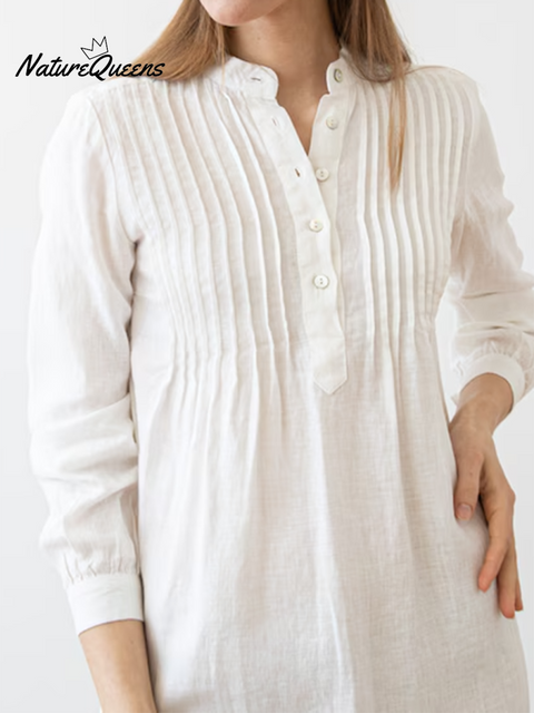 Women's Accordion Pleated Button Long Sleeve Linen Dress
