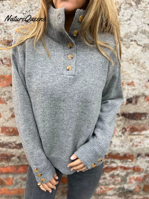 Women's Stand Collar Solid Color Button Casual Loose Sweater