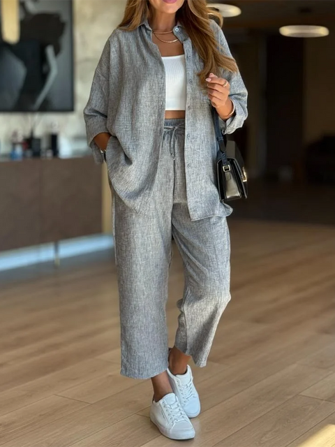 Women's Casual Shirt and Pants Cotton Two-piece Suit