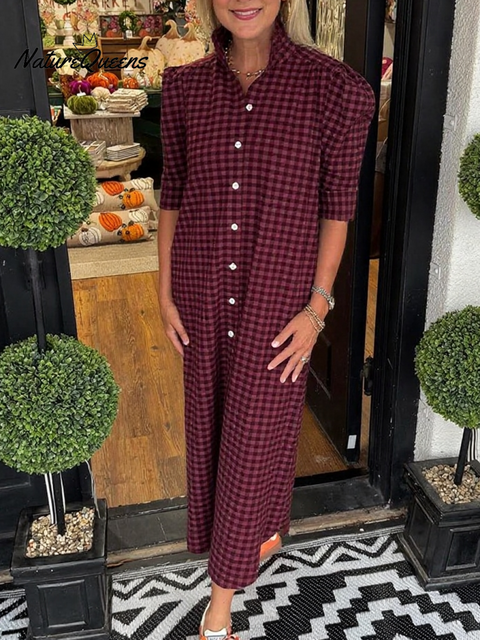 Women's Lace Stand Collar Plaid Print Cotton Dress