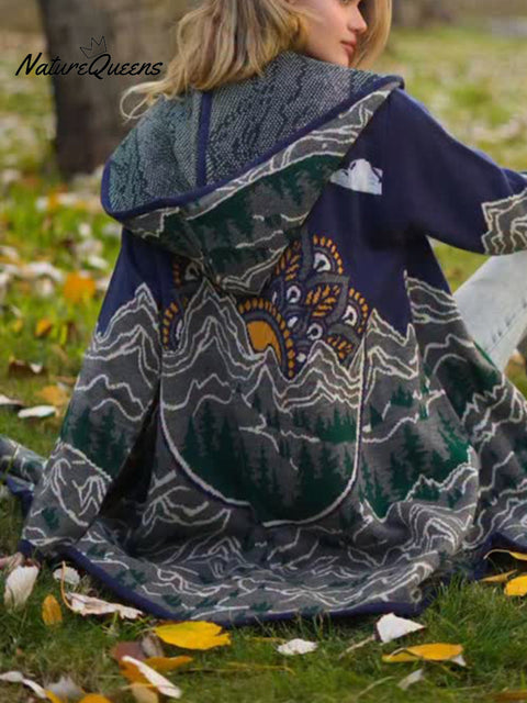 Retro Snow Mountain Totem Print Knitted Hooded Cardigan
