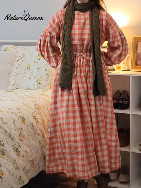 Women's Retro Loose Plaid Waist Drawstring Linen Dress