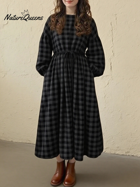 Women's Retro Loose Plaid Waist Drawstring Linen Dress
