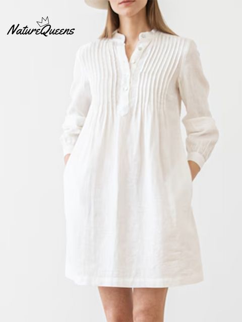 Women's Accordion Pleated Button Long Sleeve Linen Dress