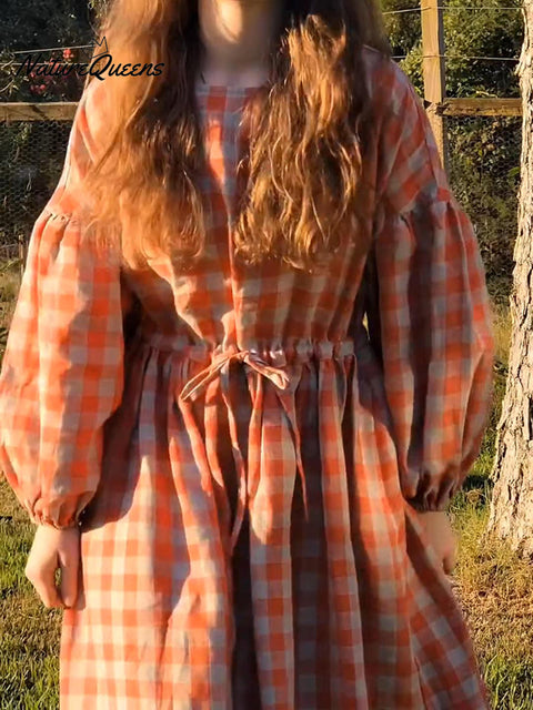 Women's Retro Loose Plaid Waist Drawstring Linen Dress